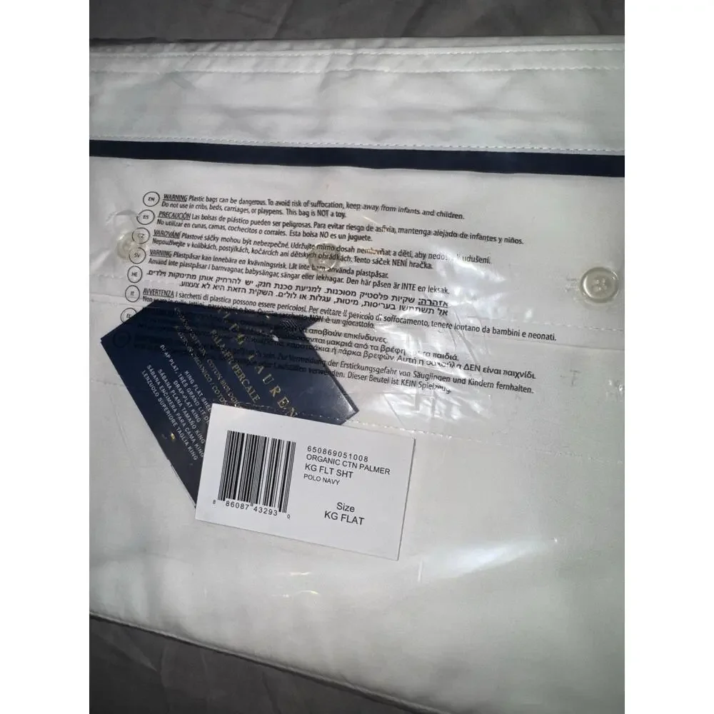NEW Ralph Lauren King Flat Sheet Palmer White Polo Navy Organic Cotton Old Money